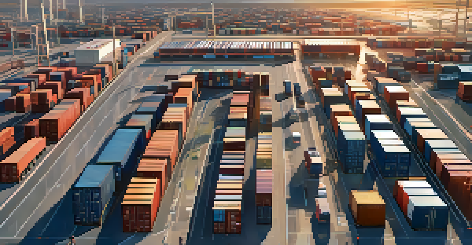 An overhead view of a supply chain hub with trucks and containers, featuring digital screens that show transaction data in a bright environment.