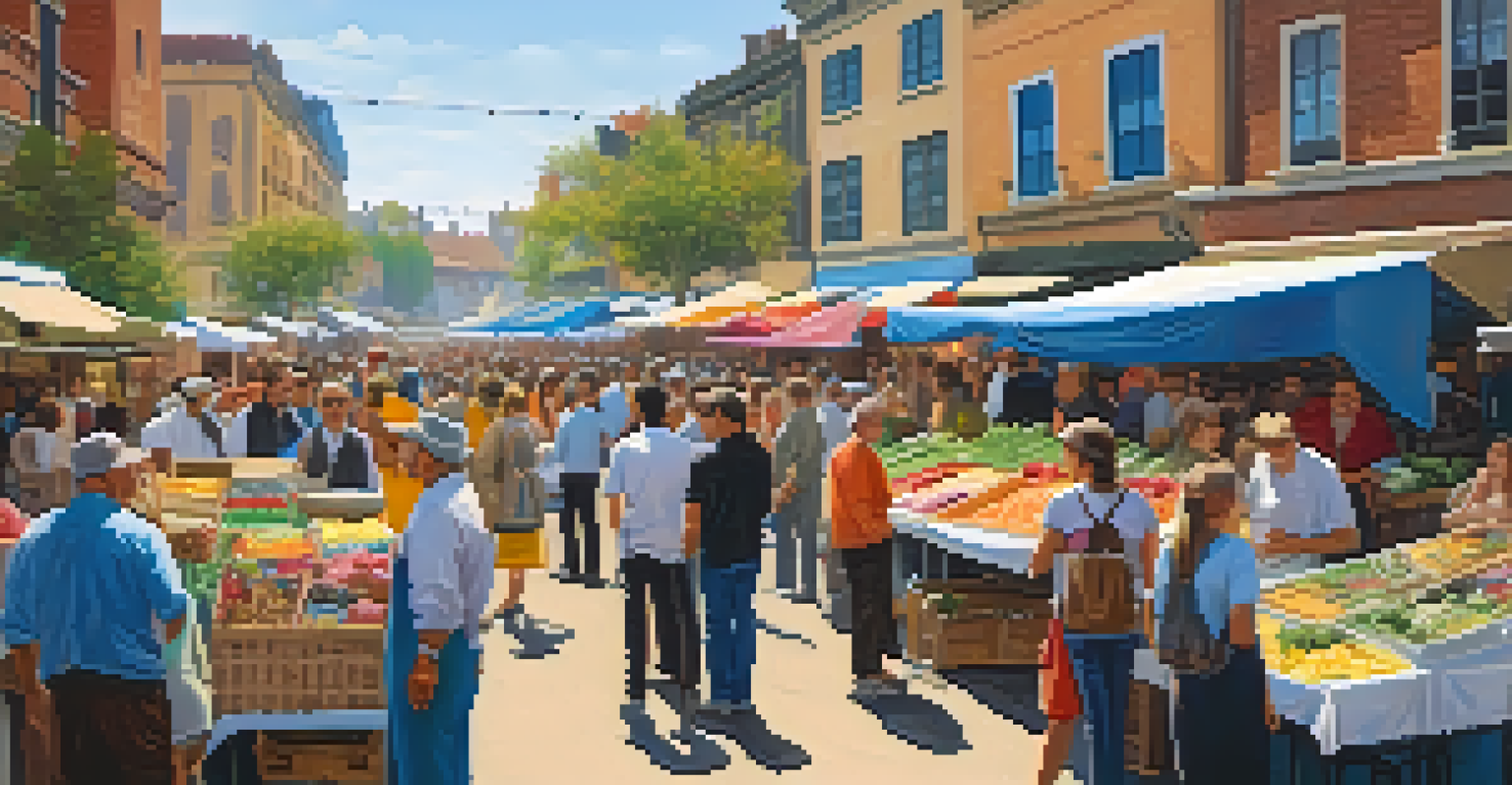 A vibrant open-air market where artists showcase their artwork to interested customers under a clear blue sky.