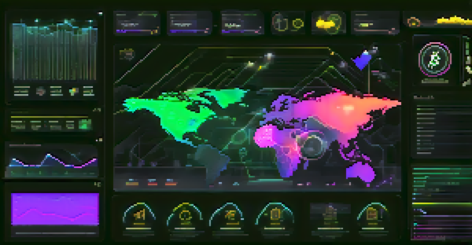 A futuristic digital interface displaying graphs and icons of yield farming protocols, against a dark background with neon accents.