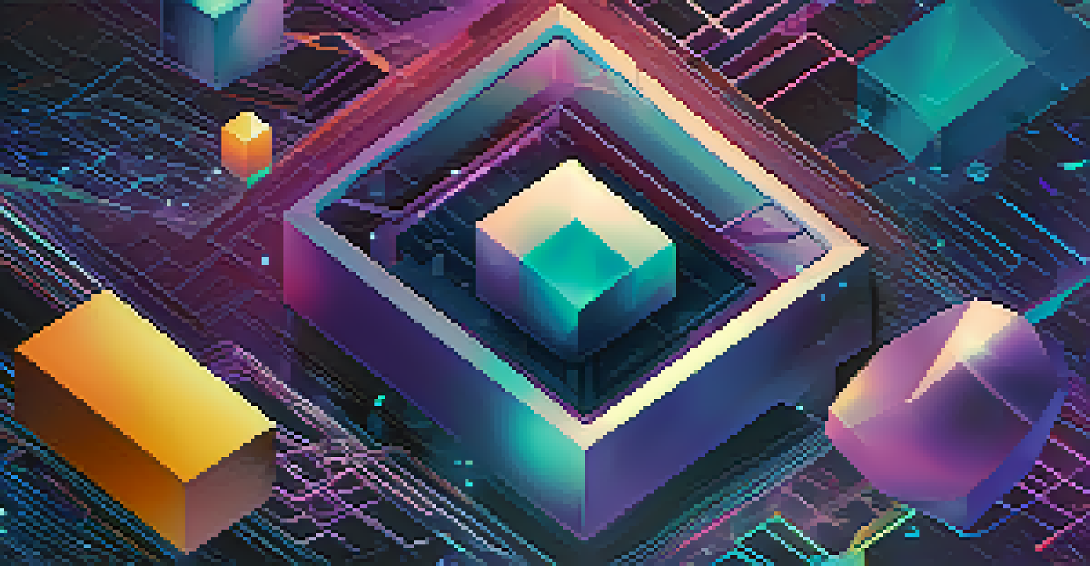 Close-up of colorful digital tokens representing blockchain transactions in a high-tech network.