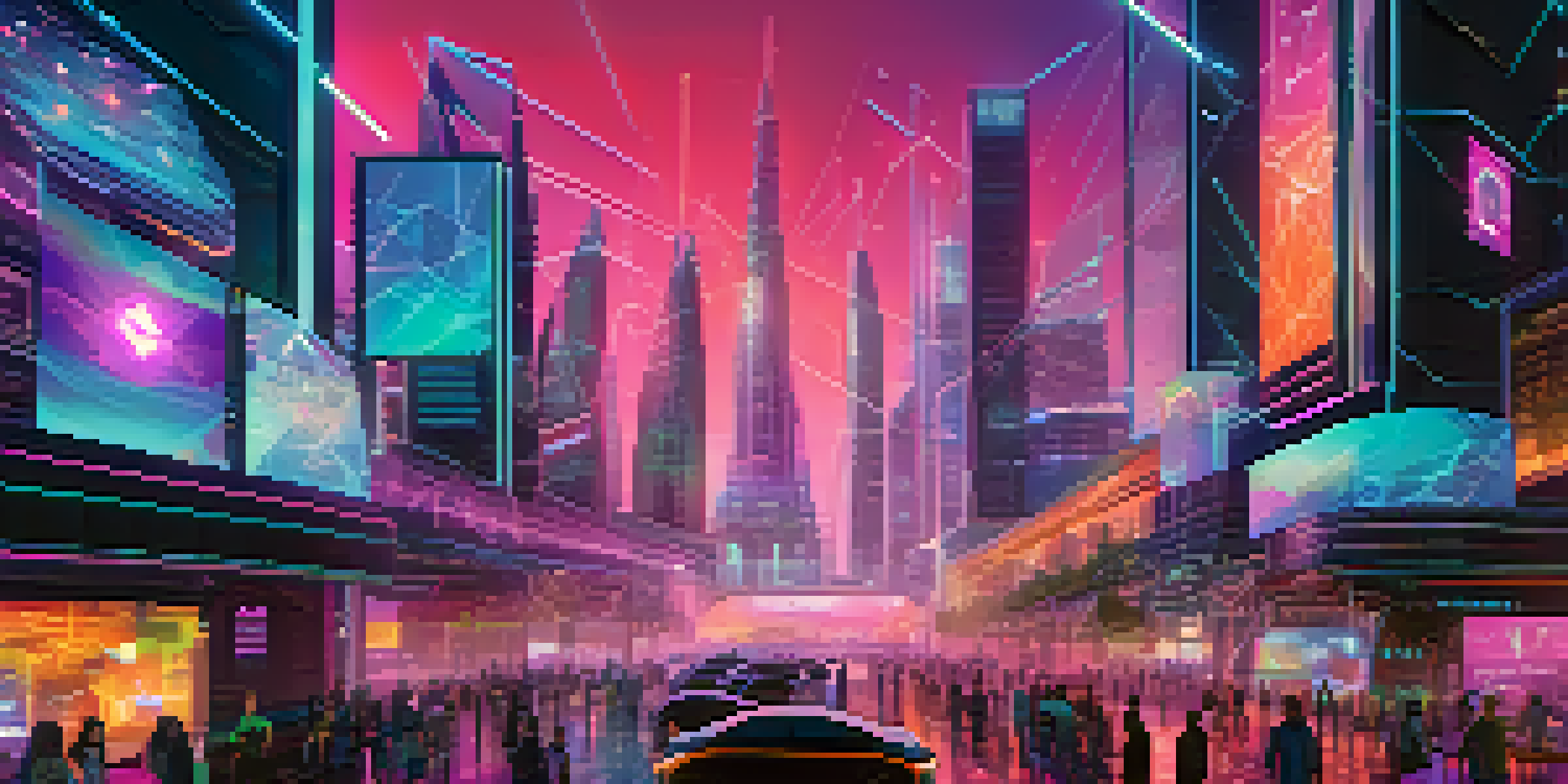 A vibrant digital city filled with holographic contracts and blockchain patterns, representing Ethereum smart contracts.