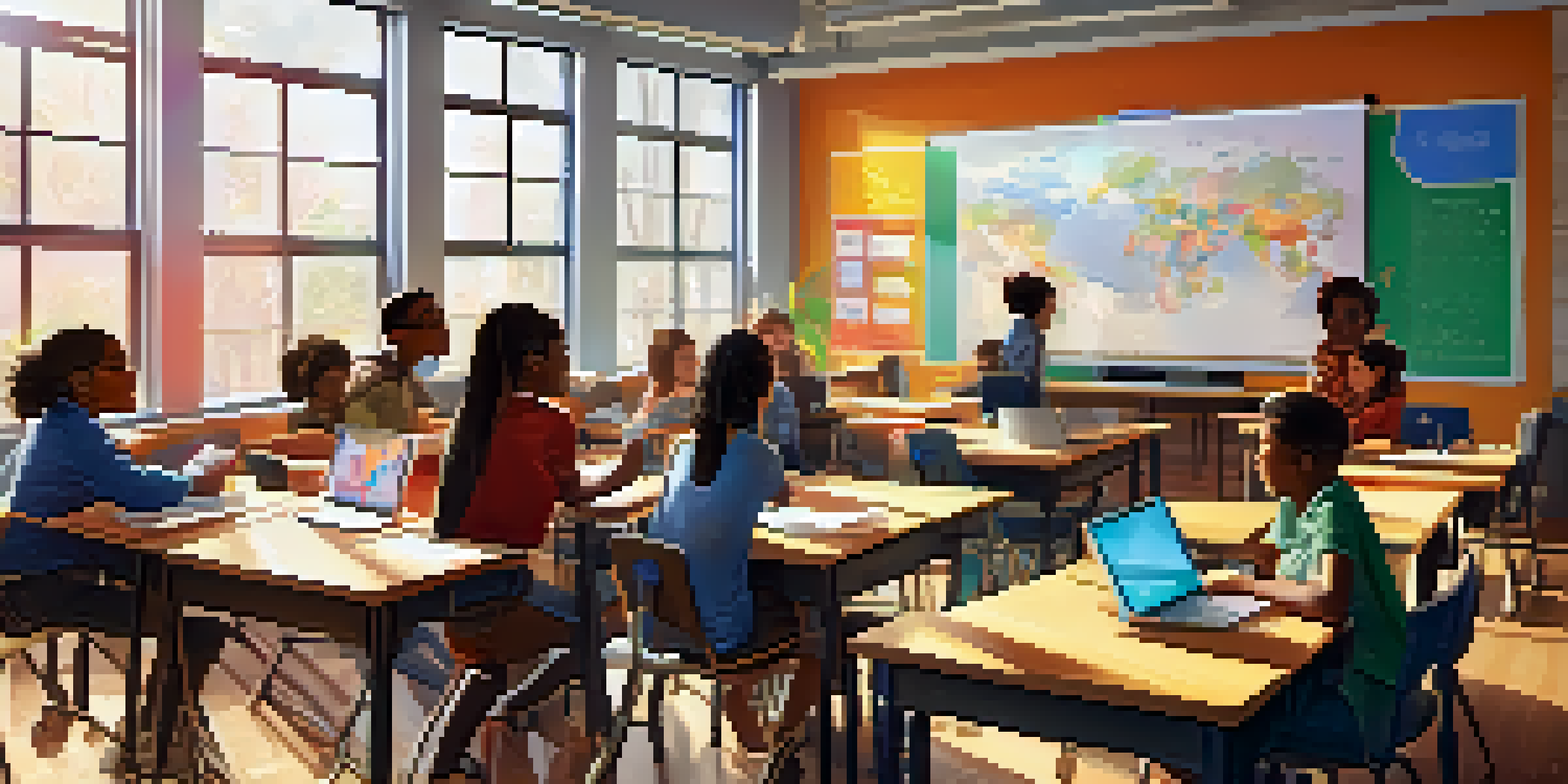A diverse group of students collaborating in a bright classroom, discussing ideas around a digital whiteboard.