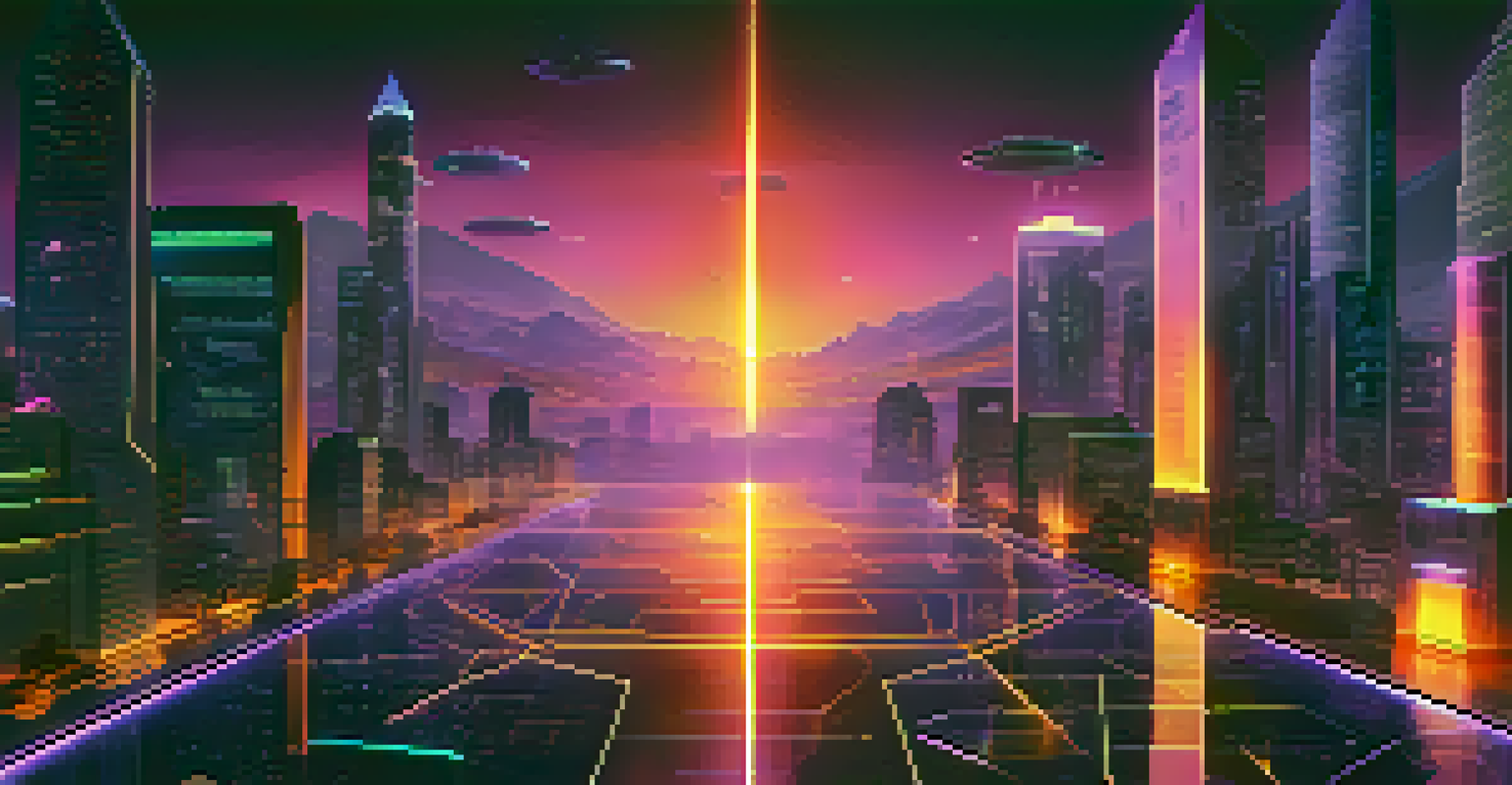 A futuristic cityscape with buildings shaped like hash symbols, glowing neon lights, and a purple-orange gradient sky, representing blockchain technology.