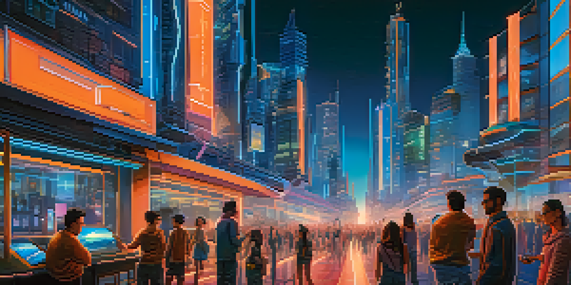 A futuristic city with traditional and modern buildings illuminated by neon lights at dusk, with people using augmented reality devices.