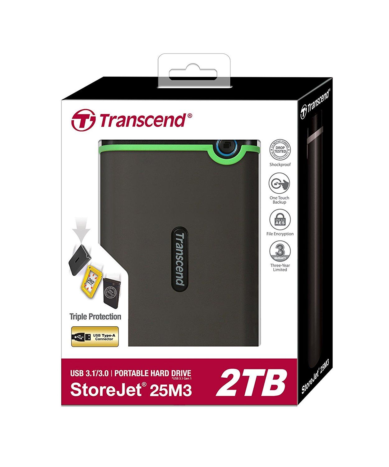 TRANSCEND Storejet 25M3 2TB USB 3.1 External Hard Drive Grey