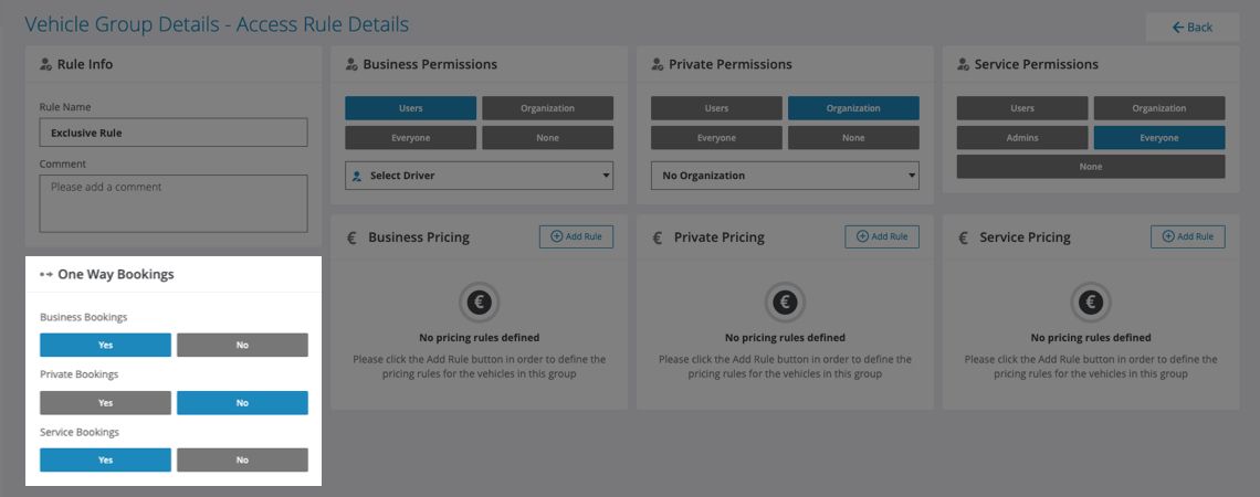 One Way Bookings Control in Vehicle Group Access