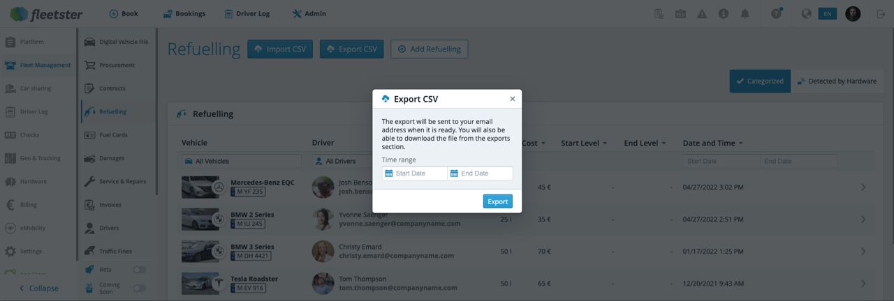 Refueling Data Export,  CSV Export, Refueling Event Export, Export