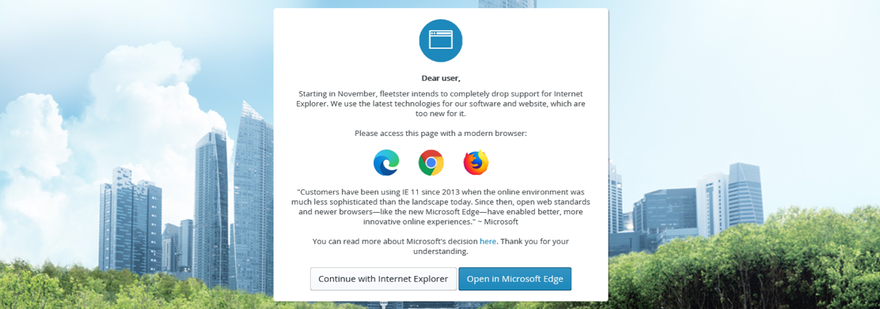 Vanaf november stopt fleetster met de ondersteuning van Internet Explorer 