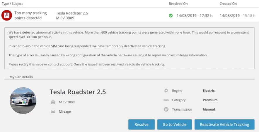 Web notification for too many tracking points in the fleetster mobility software