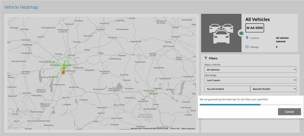 Aanmaken van een heatmap van het voertuig in de logistieke sectie van de fleetster-mobiliteitssoftware 