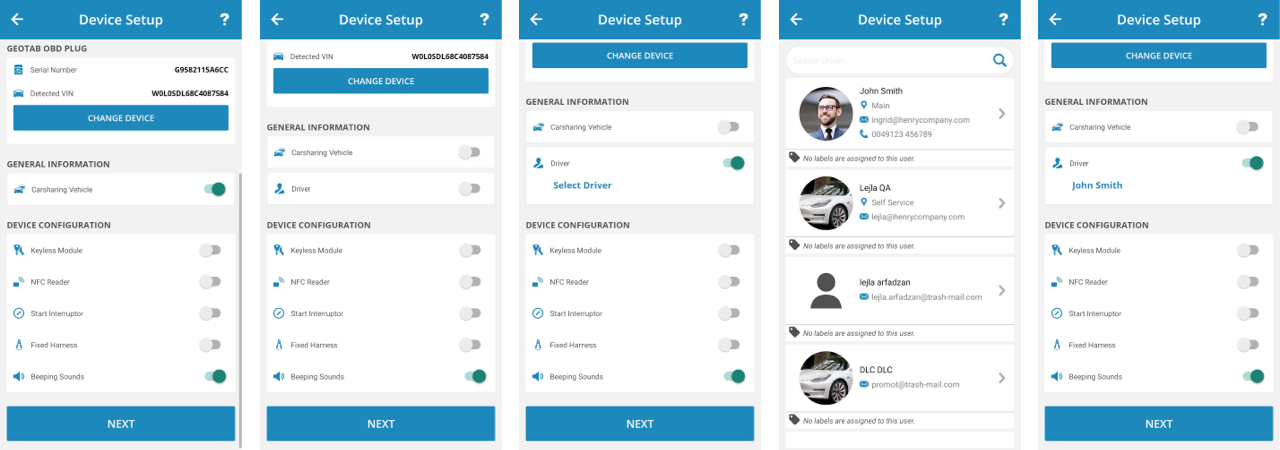 Hardware setup vehicle usage type and driver assignment