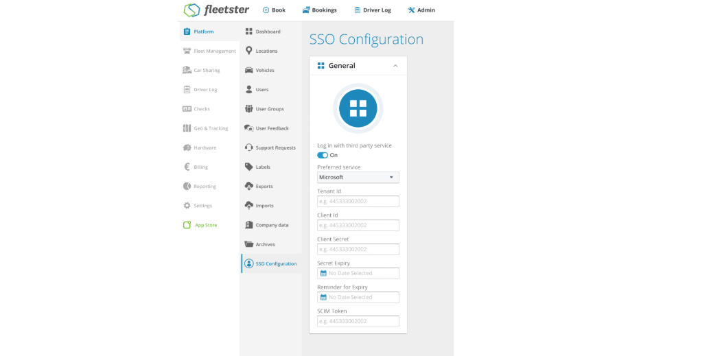 SSO configuration view