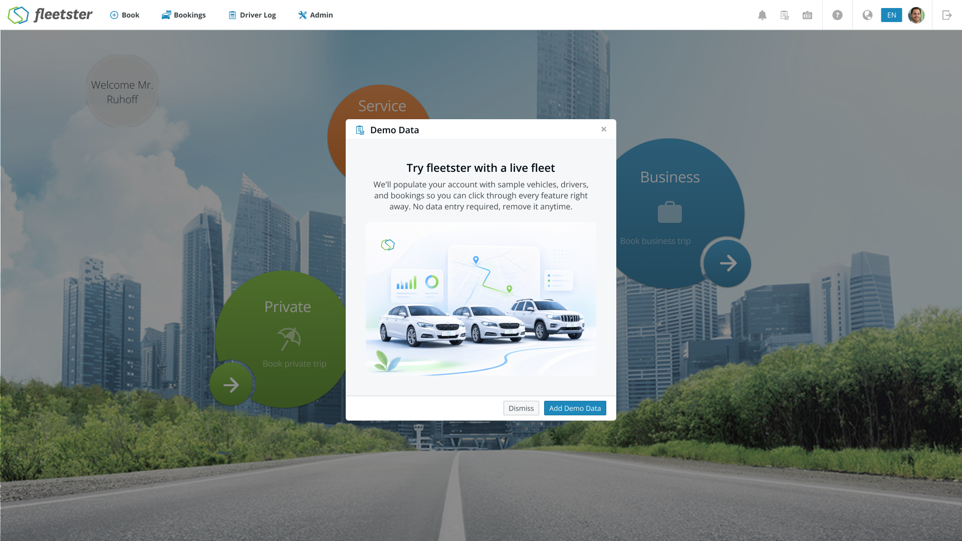 fleetster Buchungs-Dashboard mit dem Demodaten-Dialog „fleetster mit einer echten Flotte testen“, der Beispielfahrzeuge, -fahrer und -buchungen anbietet.