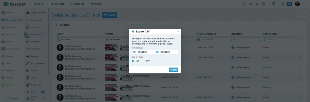 Export, CSV, Vehicle Status Checks