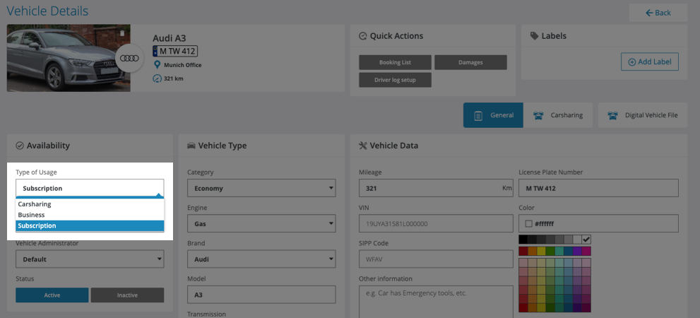 Nieuw voertuig type gebruik abonnement auto 