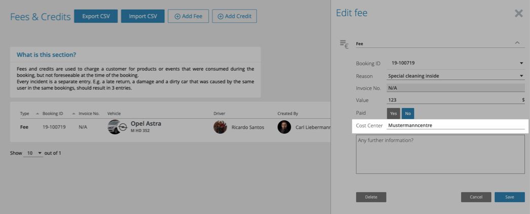 Fees and credits cost center information