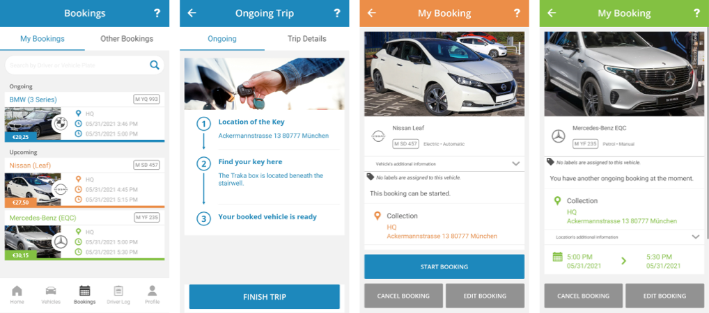 Booking list on the mobile app of the fleetster mobility software