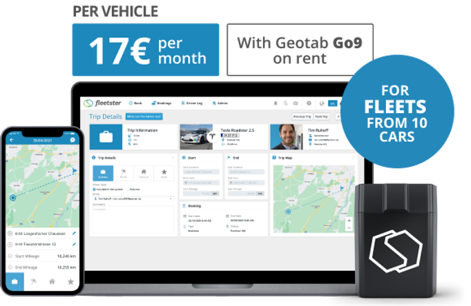 Driver Log Software by fleetster, shown both in desktop and mobile next to a Data Dongle