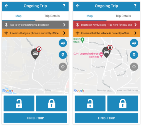 De mobiele app meldt de gebruiker dat de telefoon of het voertuig offline zijn 