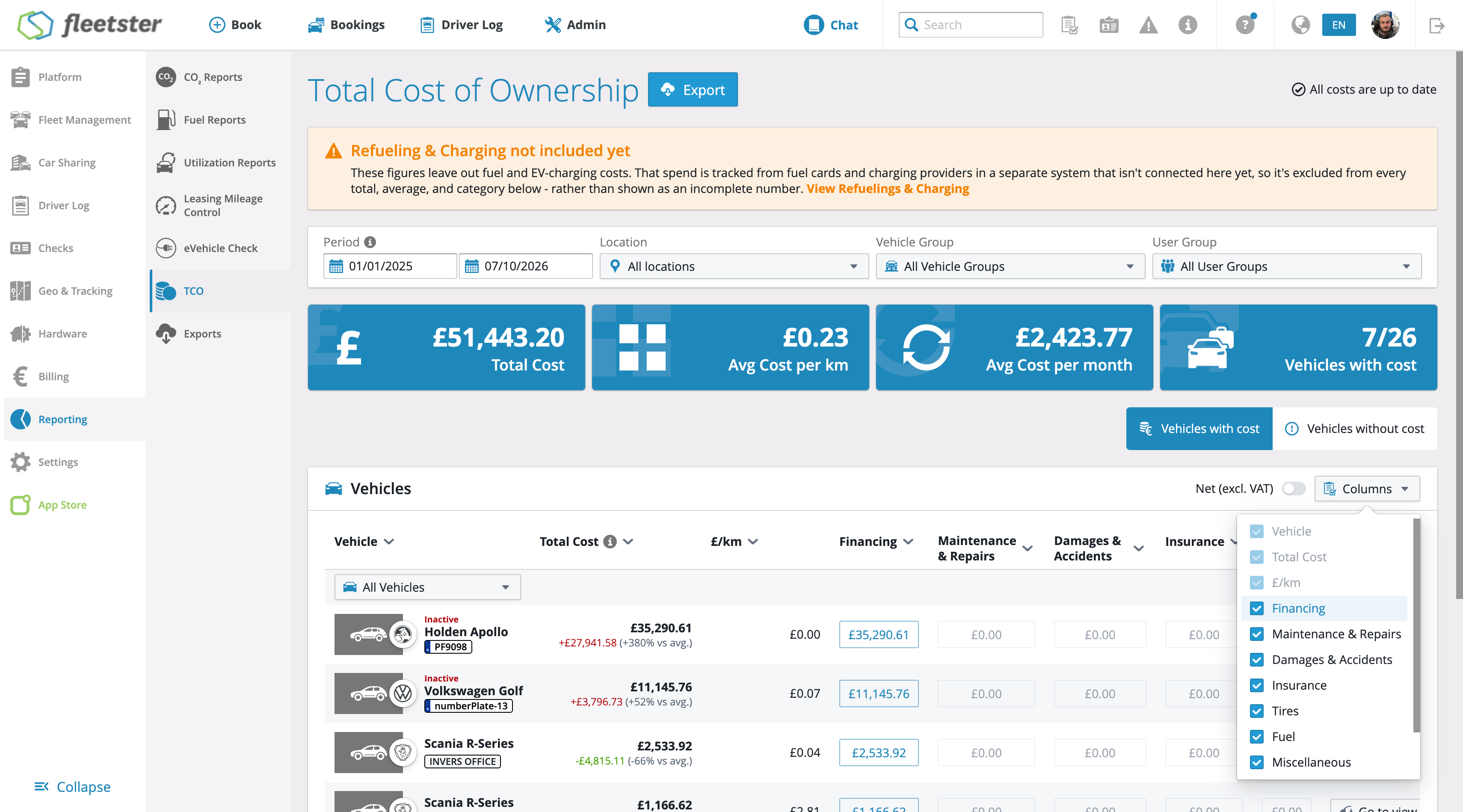 fleetster TCO-Bericht mit geöffnetem Spalten-Dropdown und Kontrollkästchen zur Auswahl der angezeigten Kostenspalten in der Fahrzeugtabelle.