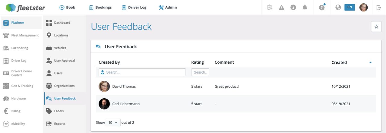 User Feedback on the platform