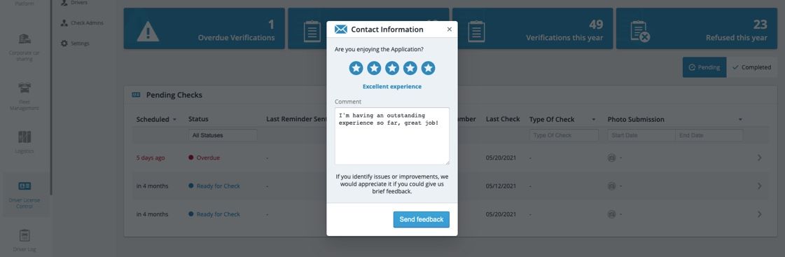 The new feedback form in the web app