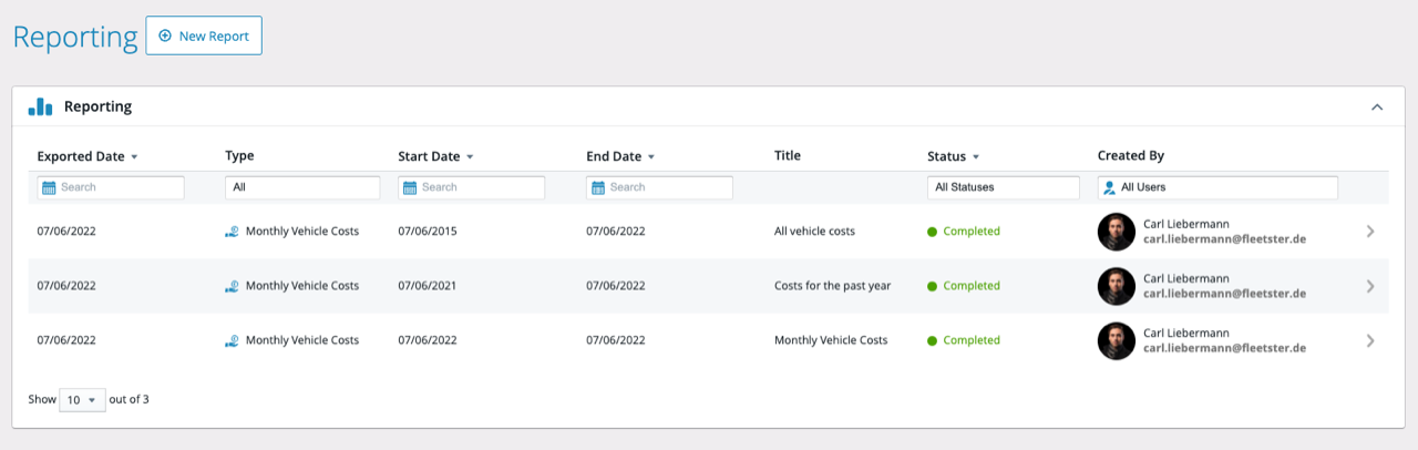 Reporting, Export, Vehicle Monthly Costs