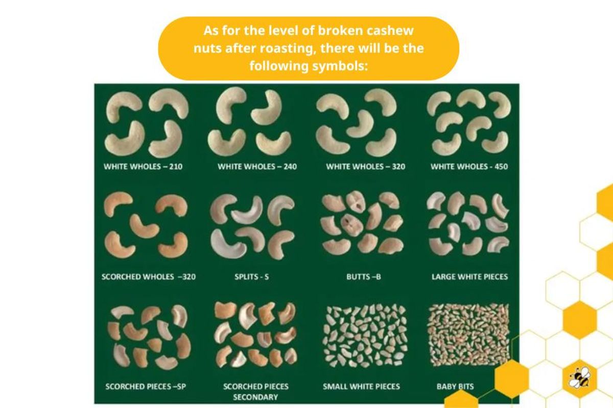 As for the level of broken cashew nuts after roasting, there will be the following symbols: