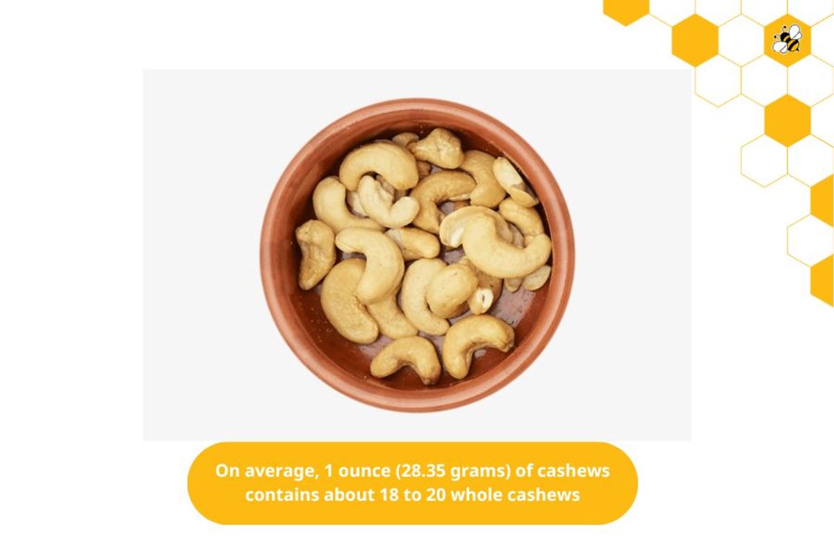 On average, 1 ounce (28.35 grams) of cashews contains about 18 to 20 whole cashews