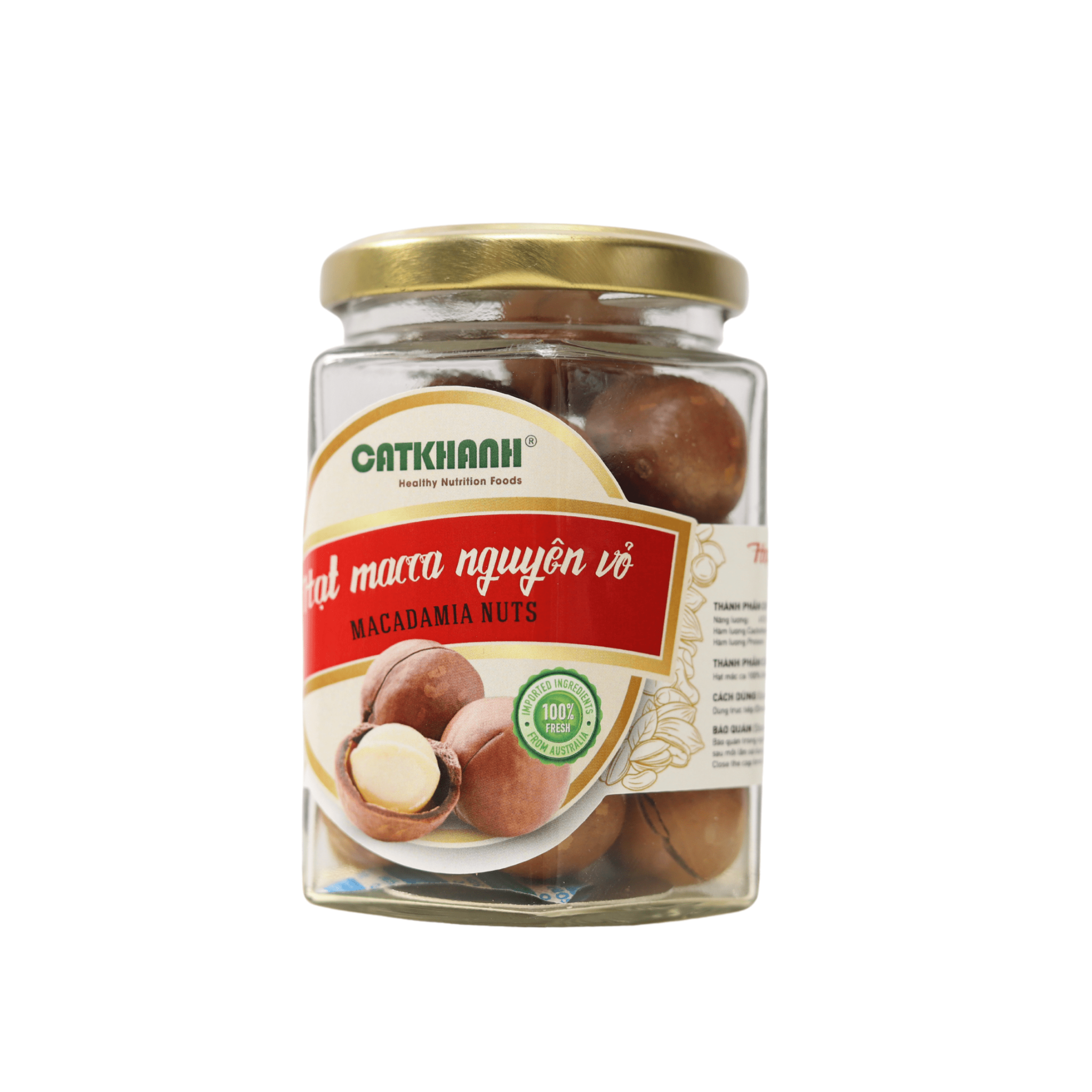 Australian macadamia nuts, small hexagonal glass jar