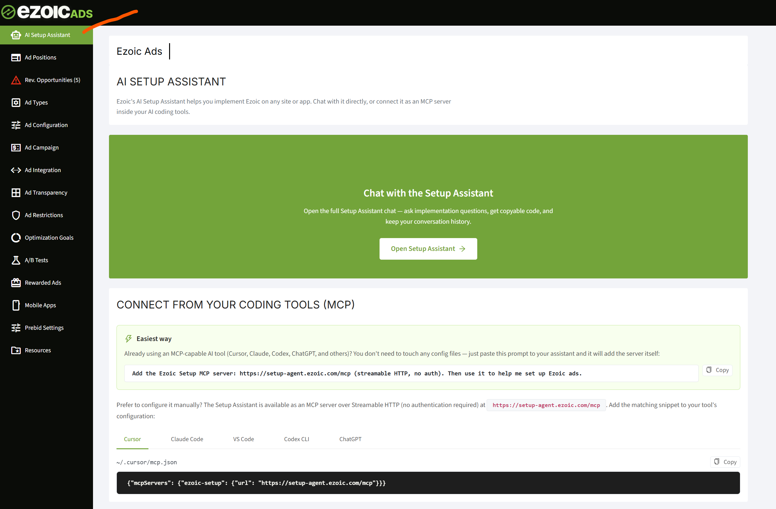AI Setup Assistant page in the EzoicAds dashboard, with chat access and MCP connection instructions