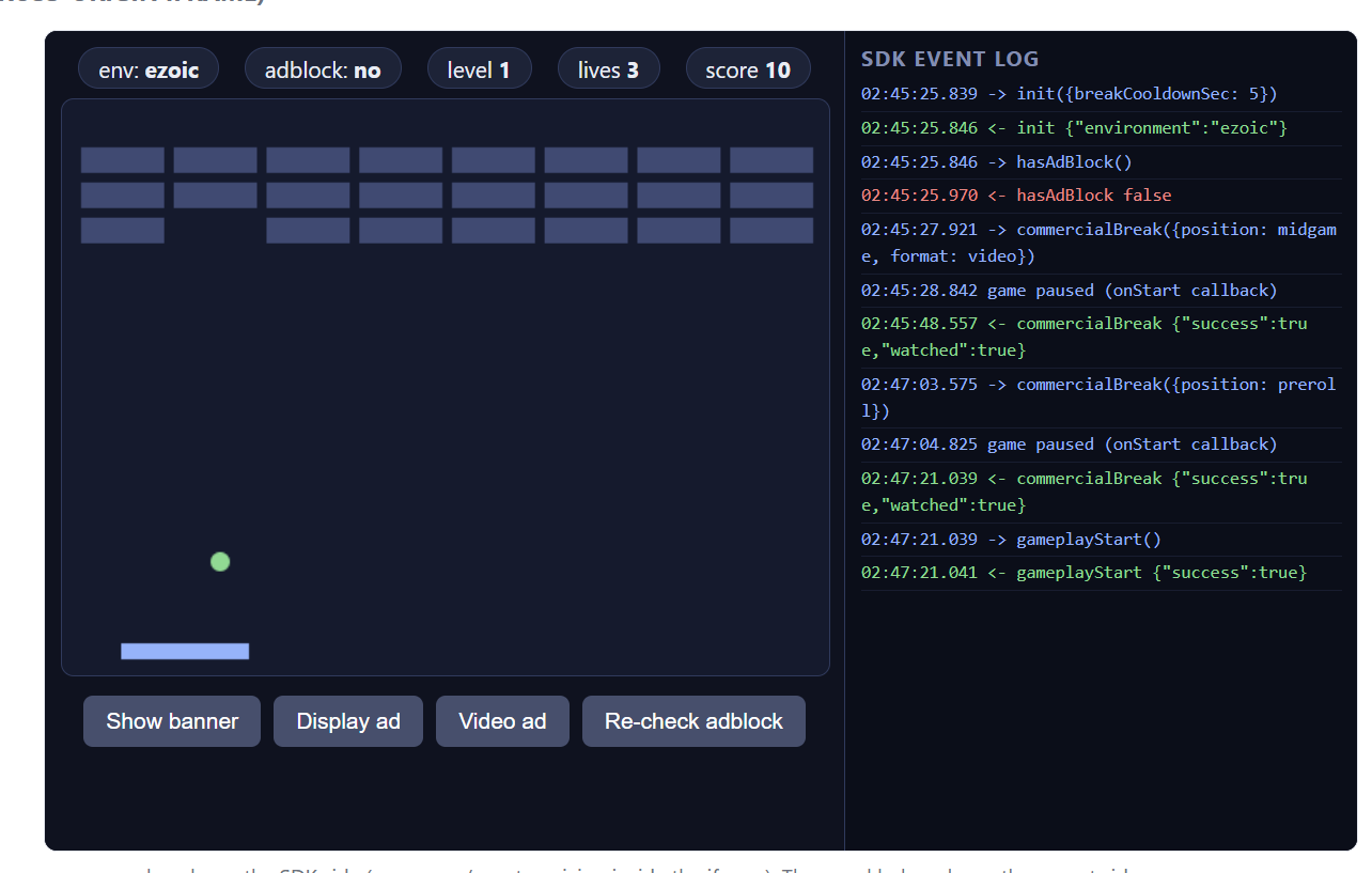 Web Games SDK demo with a live event log showing commercialBreak and rewarded ad calls