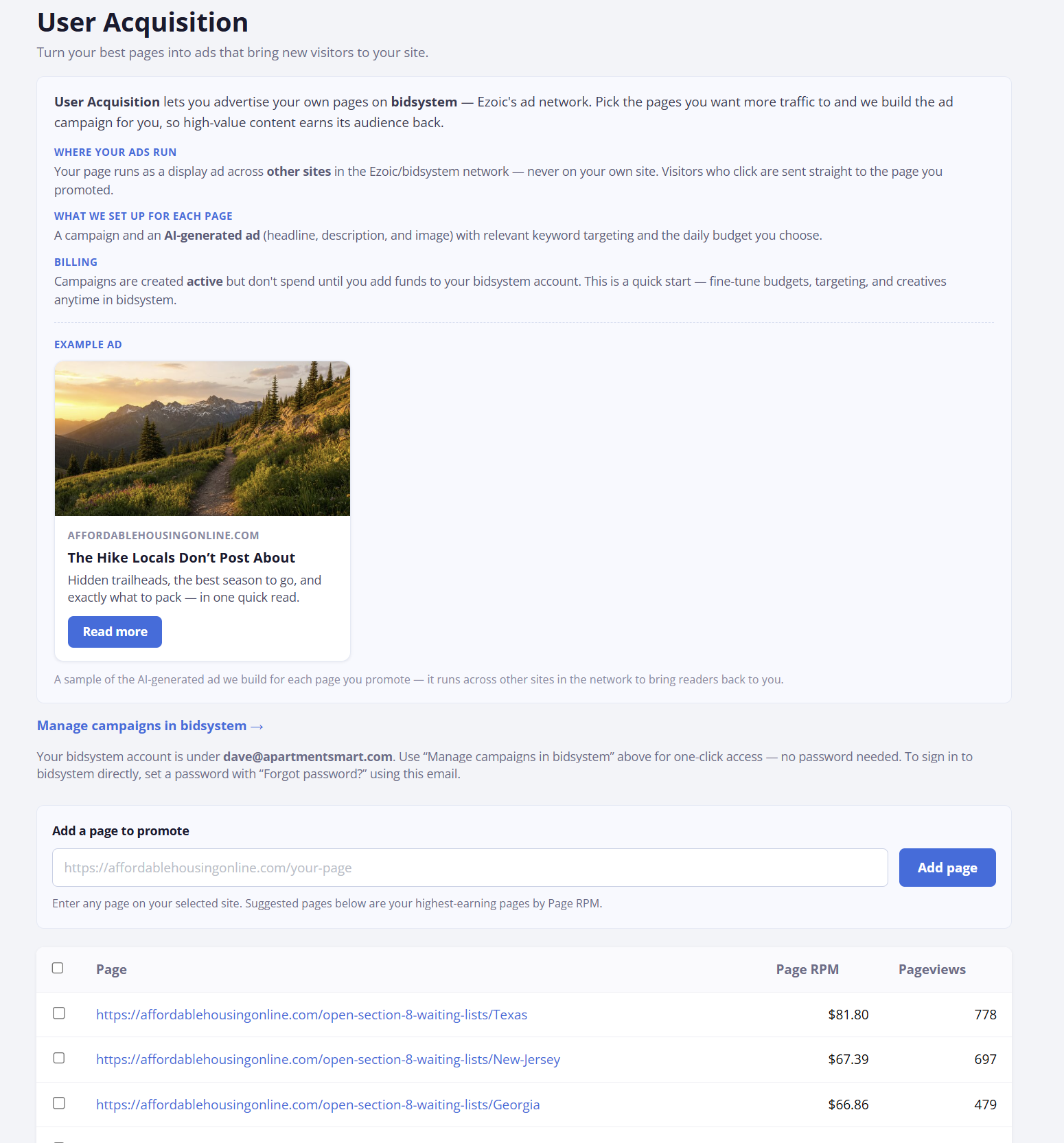 User Acquisition: promote your highest-earning pages with campaigns built for you