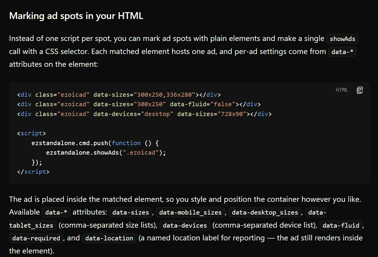 Marking ad spots with plain HTML elements and a single showAds call with a CSS selector