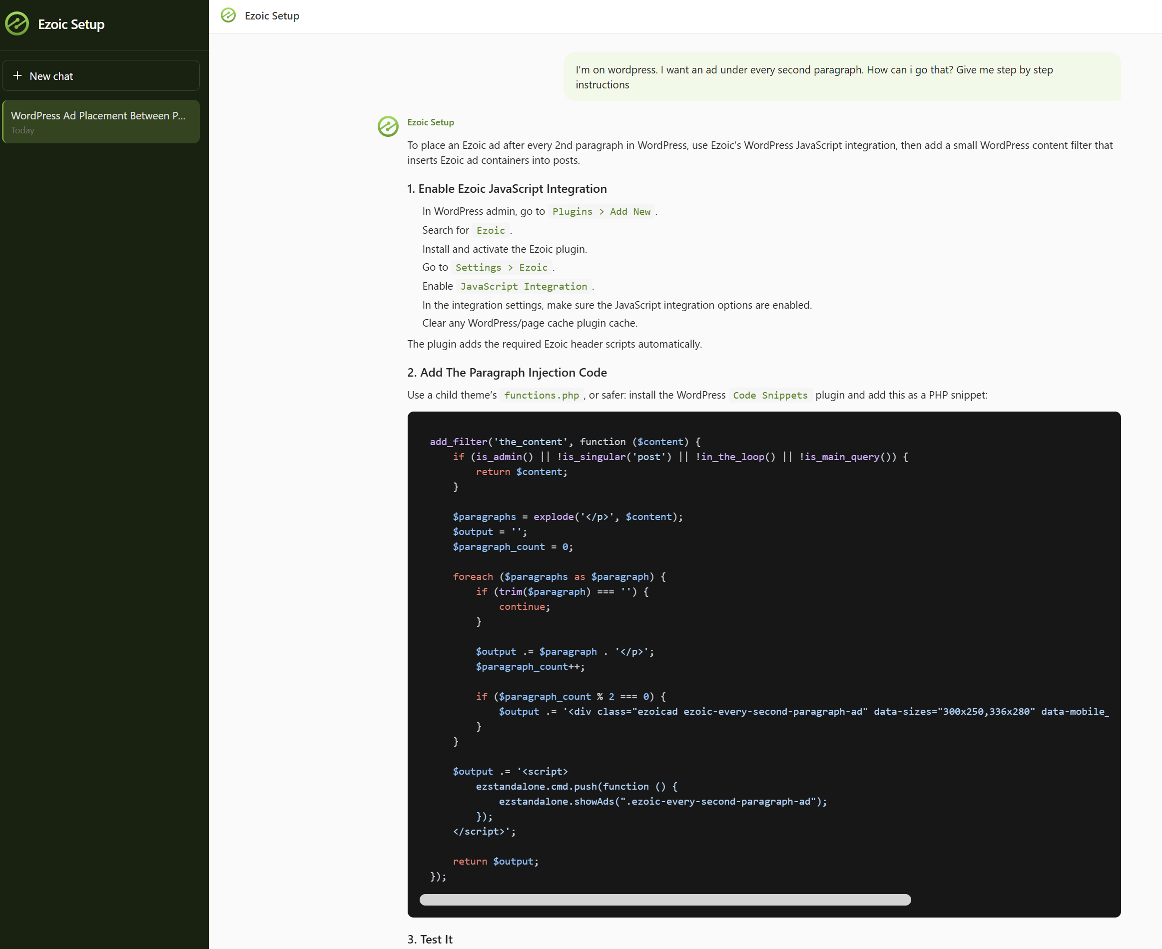 The Setup Assistant answering a WordPress ad-placement question with step-by-step instructions and complete code
