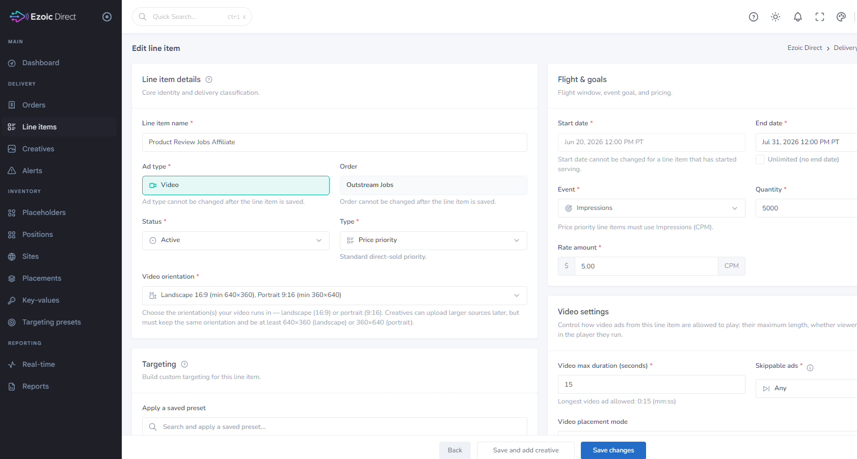 Ezoic Direct edit line item screen with campaign details, flight goals, video settings, and targeting