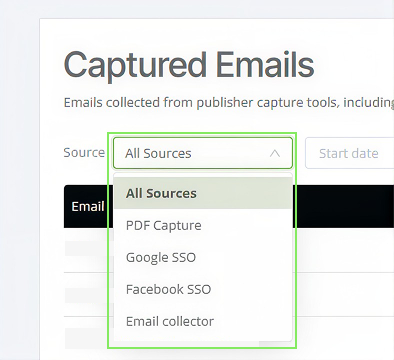 Captured emails filter options