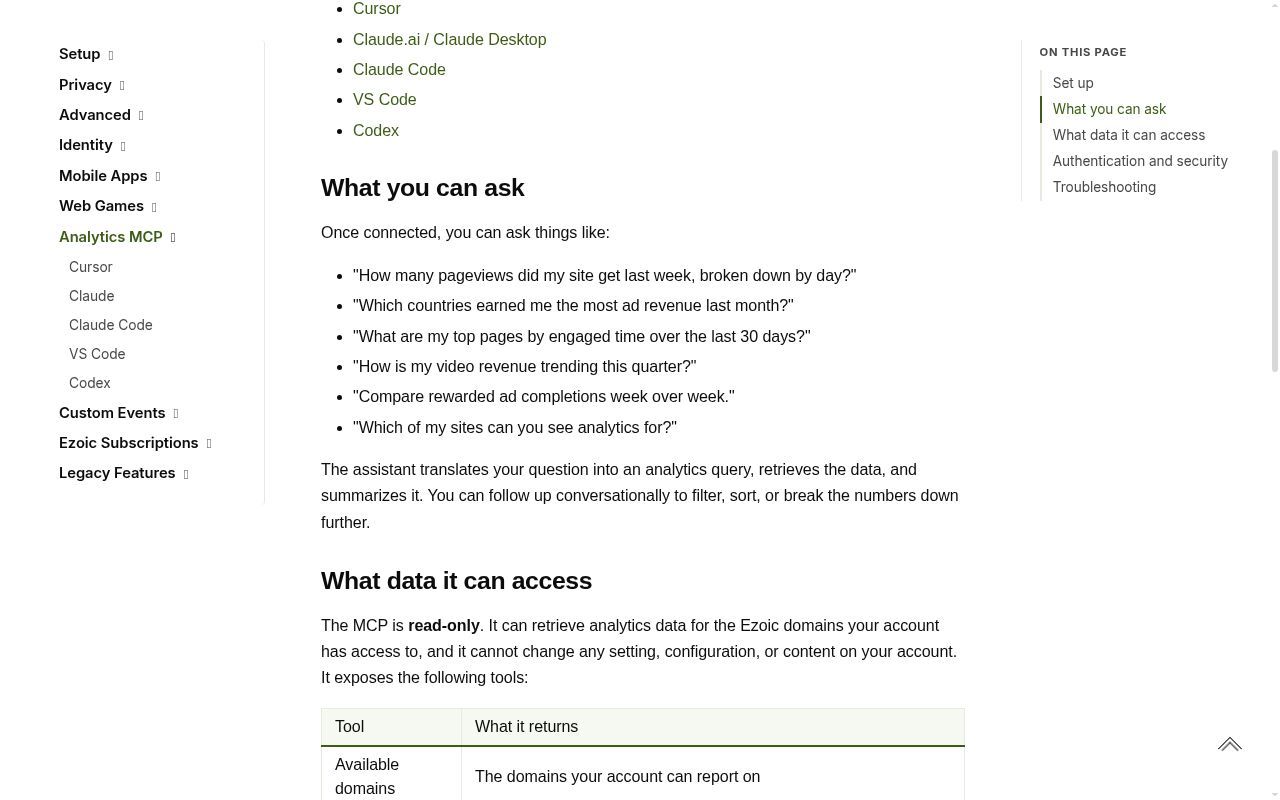 Analytics MCP documentation showing example questions publishers can ask