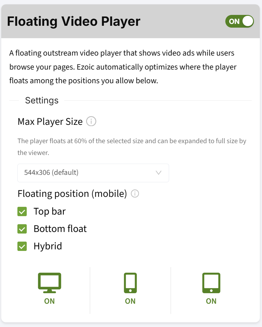 Floating Video Player settings card showing max size, mobile position options, and device status toggles