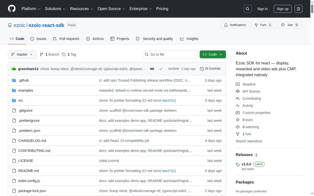 GitHub repository page for the public Ezoic React SDK showing MIT license and v1.0.0 release