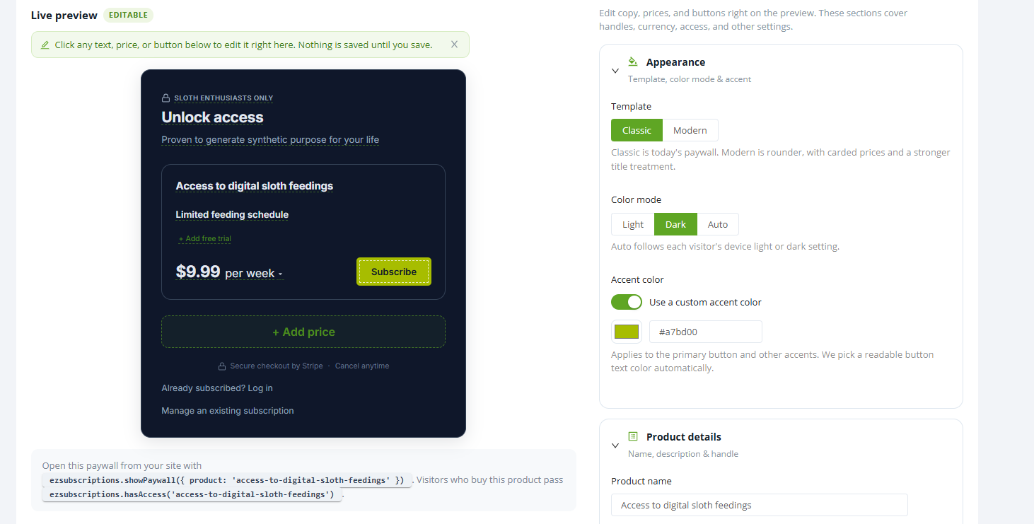The click-to-edit paywall editor with templates, color modes, and a custom accent color