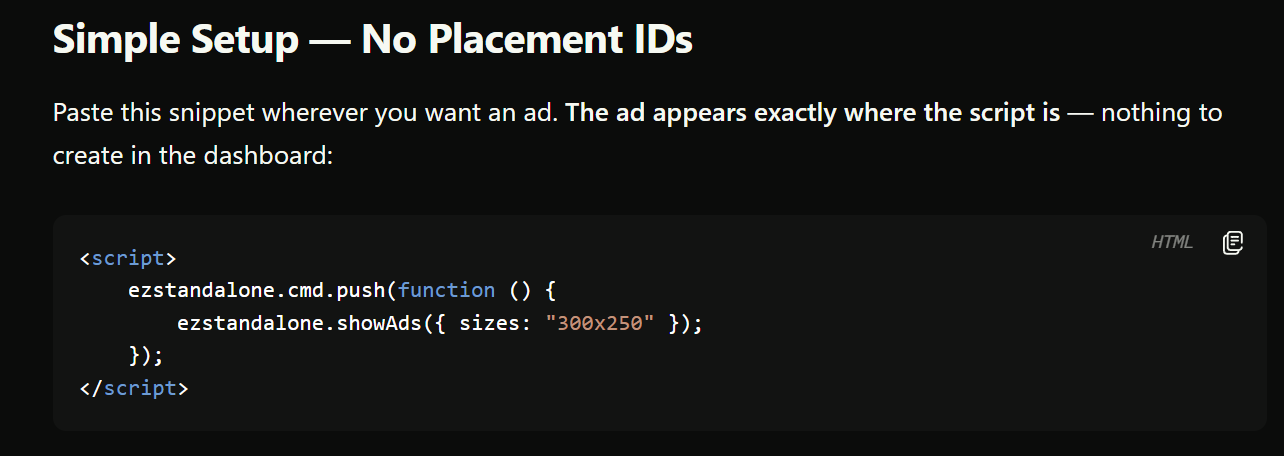 Id-less setup: paste one snippet and the ad appears exactly where the script is