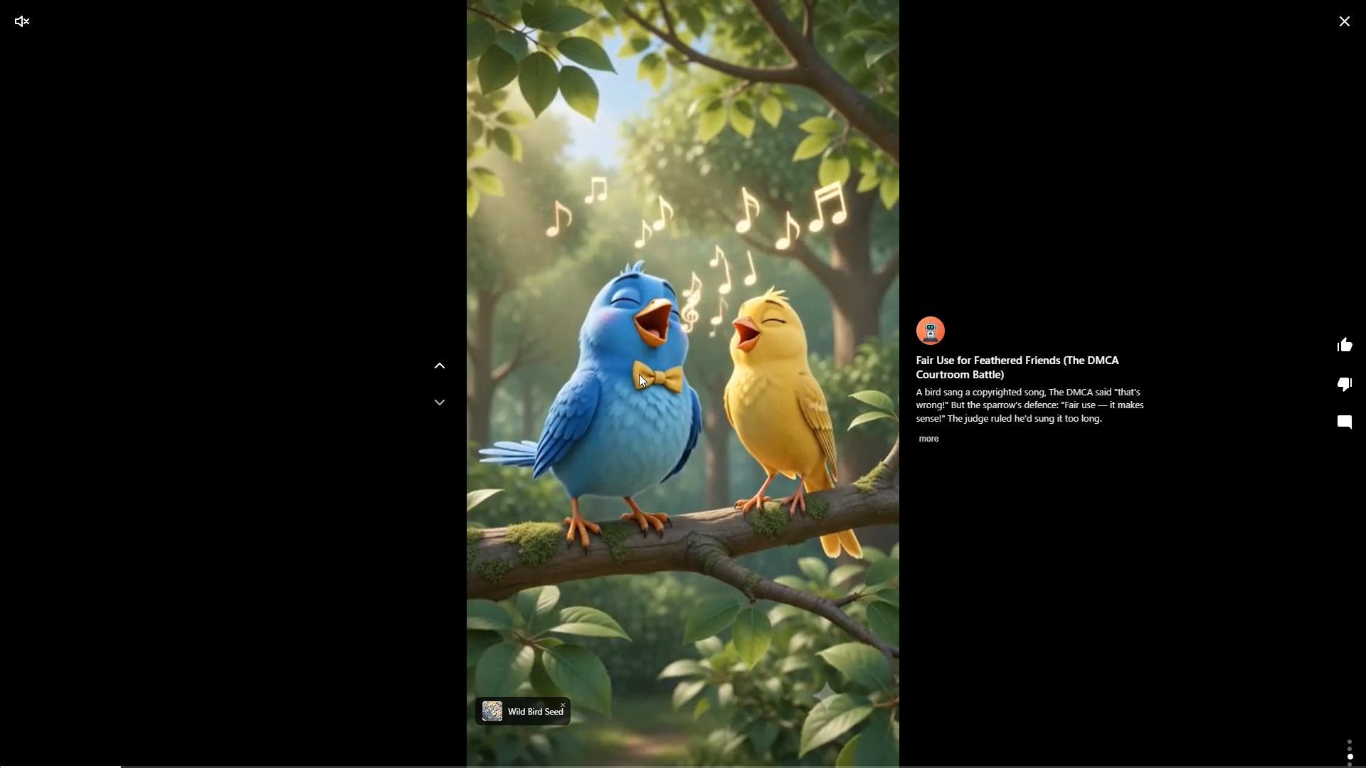 Vertical reels player showing a video with a clickable Wild Bird Seed product sticker