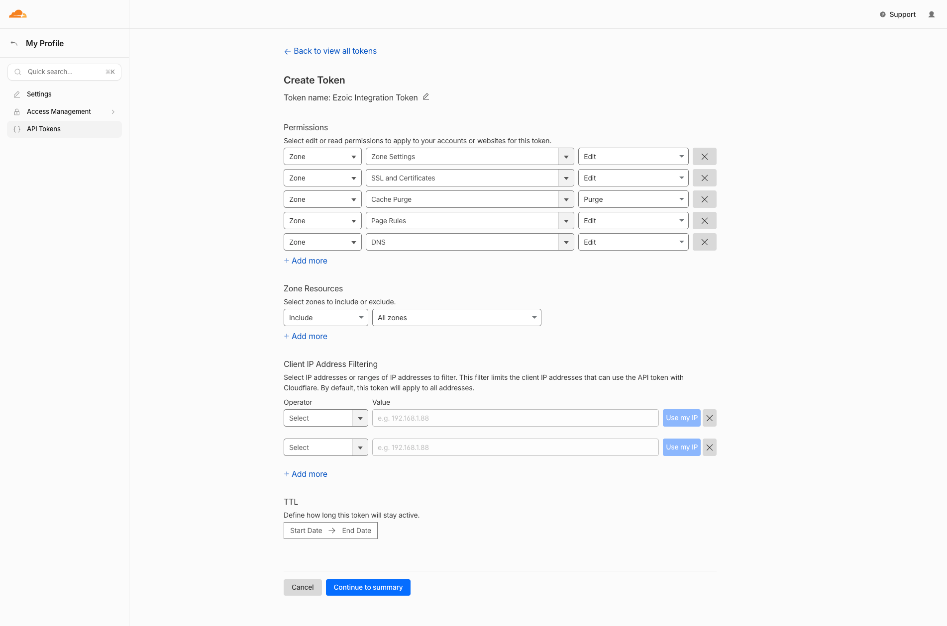 Cloudflare's Create Token screen with Ezoic's required permissions pre-filled