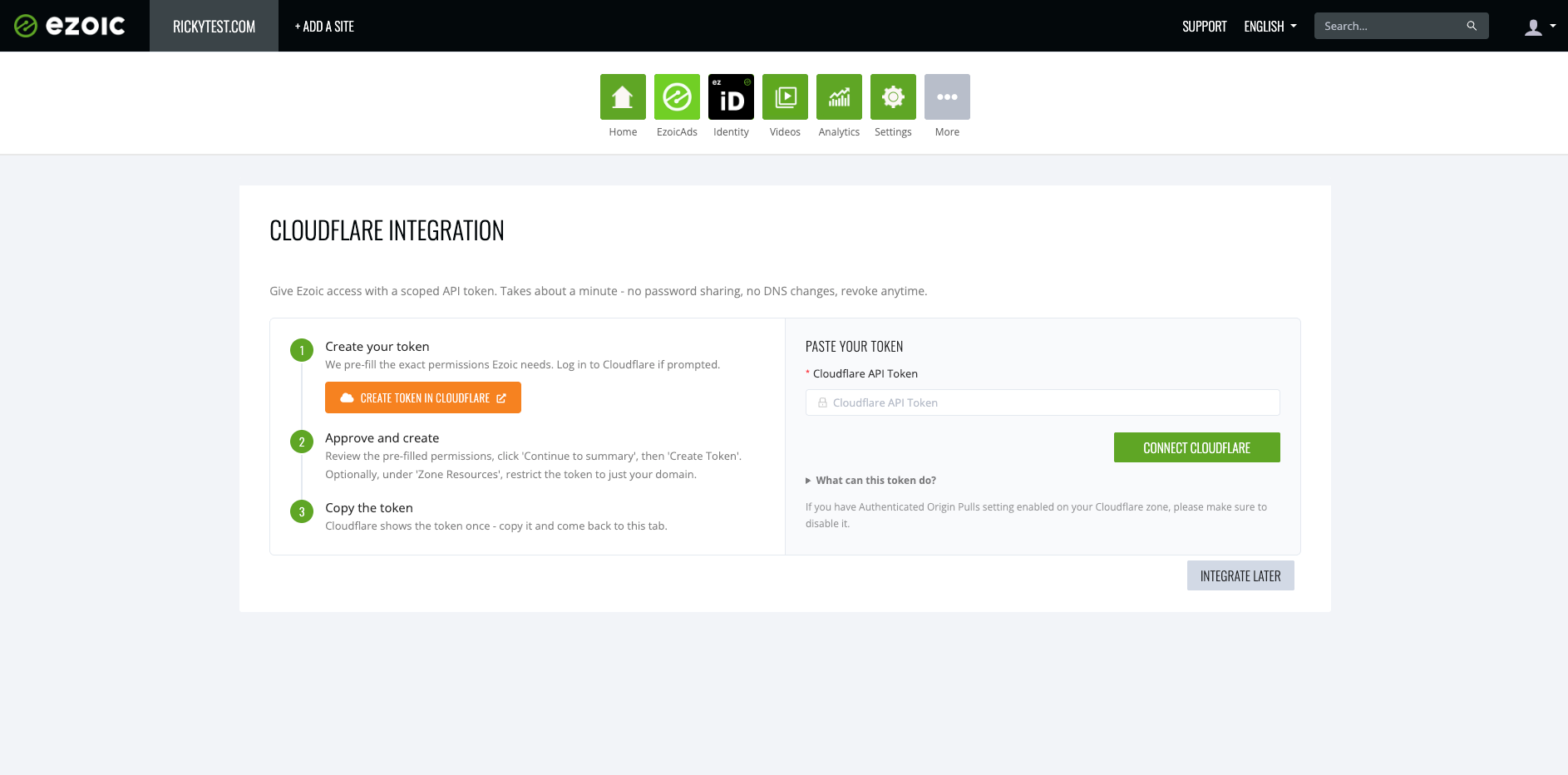 Ezoic's Cloudflare integration: create a scoped token, approve it, and paste it back