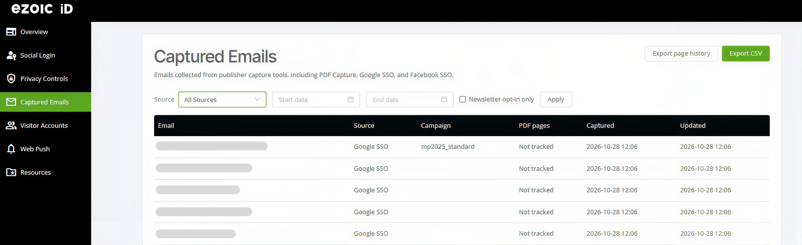 Captured emails dashboard within ezID