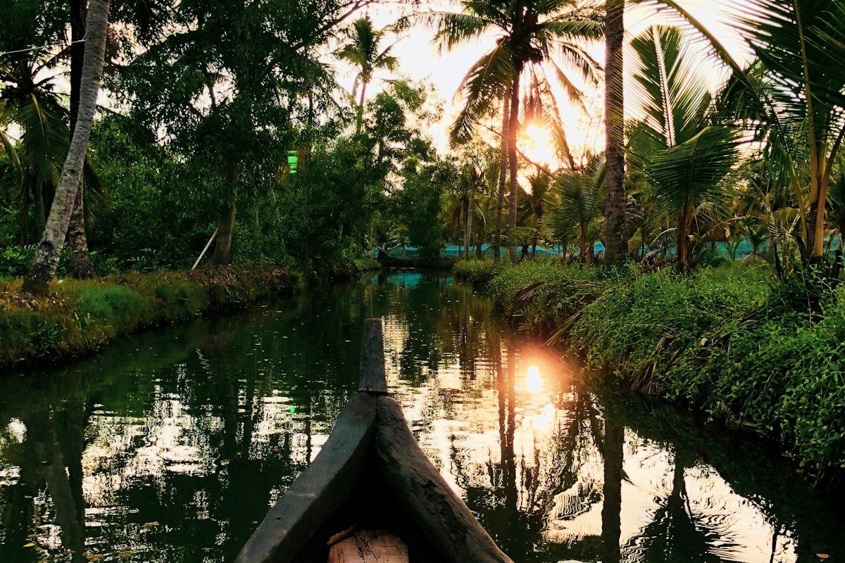A canoe drifting the Kerala backwaters at sunset