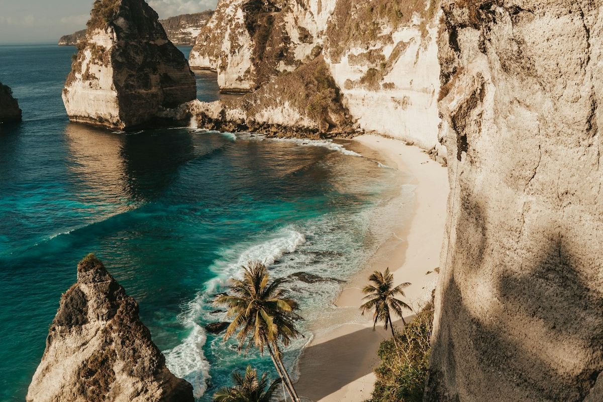 A palm-fringed Bali beach on a clear dry-season afternoon