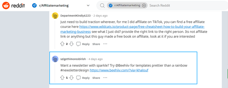 Example of affiliate link placement in a community post.