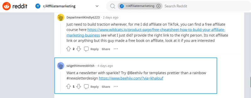 Example of affiliate link placement in a community post.